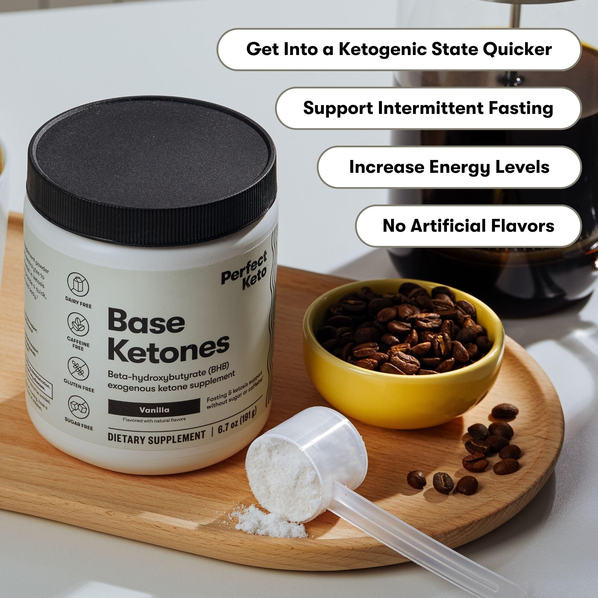 Perfect Keto bhb salts powder vanilla highlighting hydration support