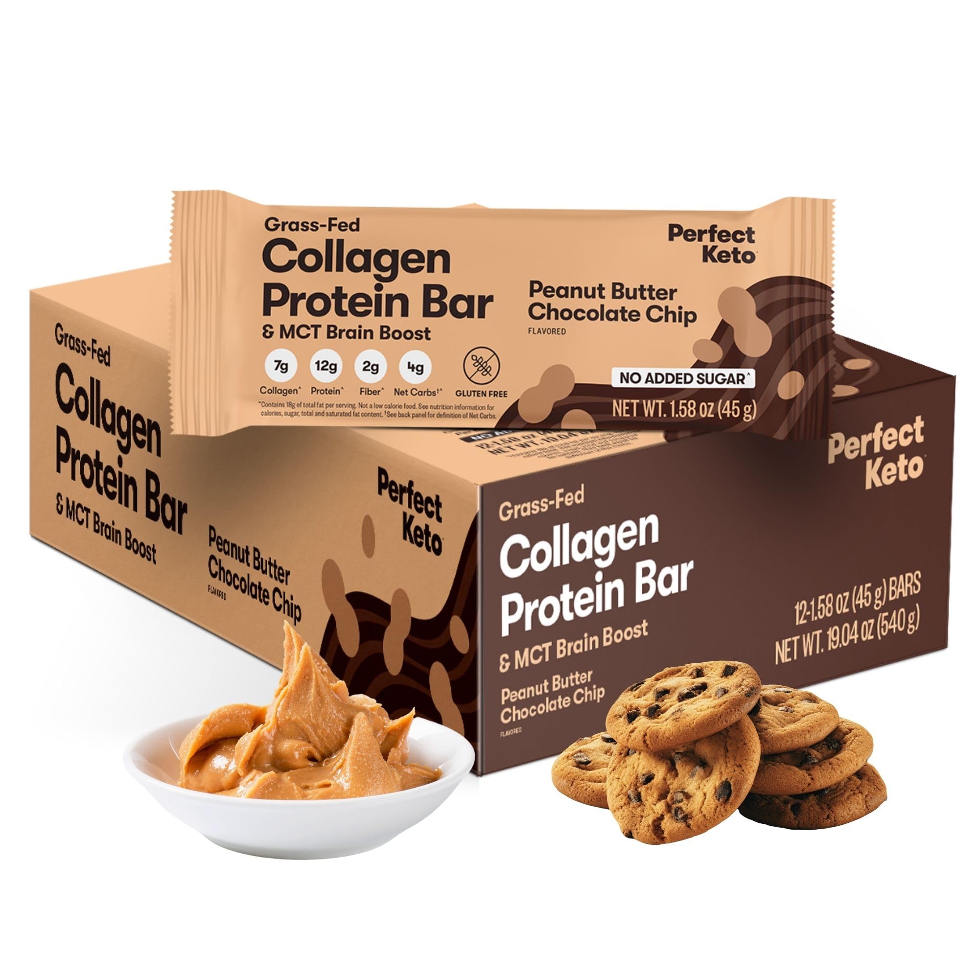 Perfect Keto Collagen Bar peanut butter chocolate chip pack front, high-protein keto snack on the go.