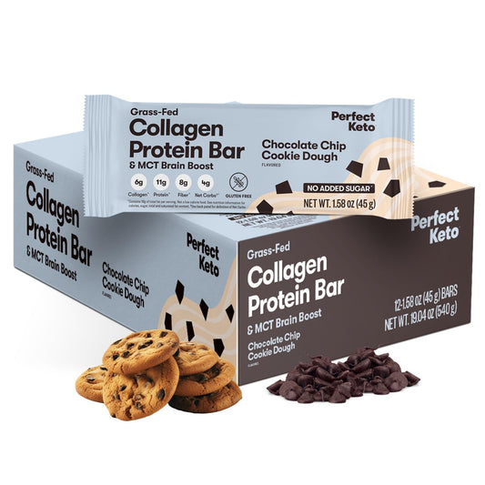 Perfect Keto Collagen Bars chocolate chip close-up showing texture and keto-friendly snack.
