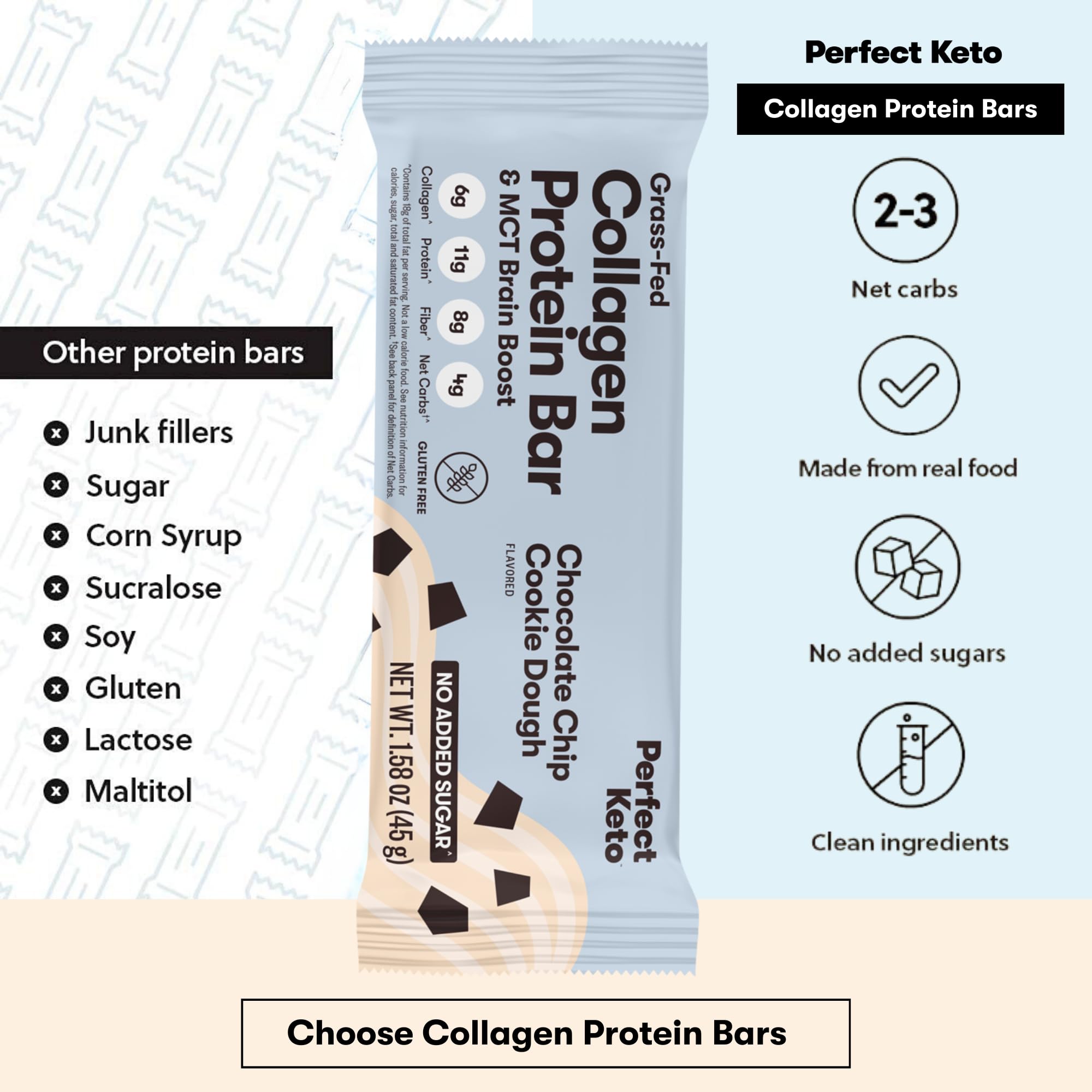 Perfect Keto Collagen Bars ingredients including MCT oil and collagen.