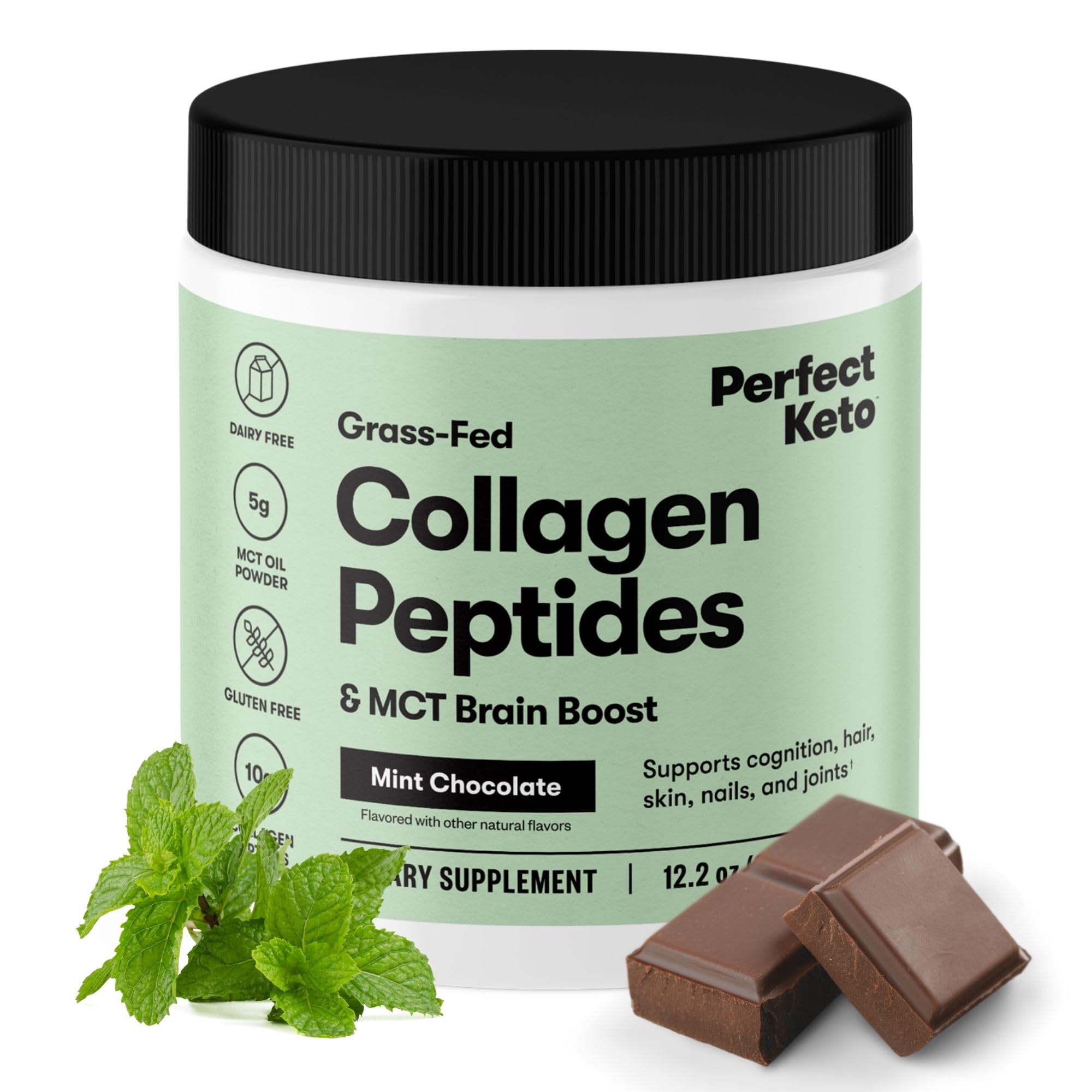 Perfect Keto Collagen Mint Chocolate powder tub for keto shakes and coffee creamer.
