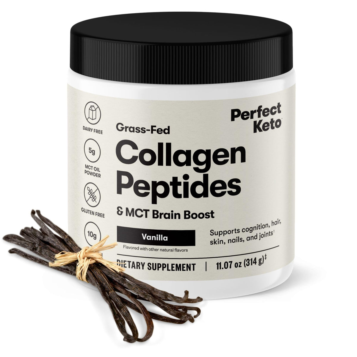 Perfect Keto Collagen Peptides bottle front, grass-fed collagen support for joints and skin.