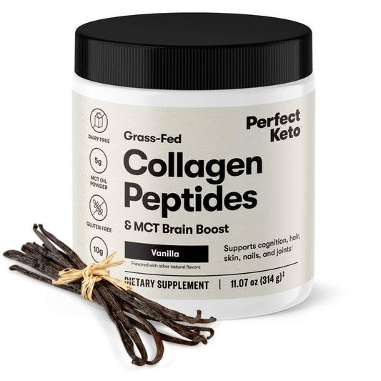 Perfect Keto Collagen Peptides bottle front, grass-fed collagen support for joints and skin.
