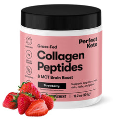 Perfect Keto Collagen Peptides with MCT Oil strawberry bottle shows keto-friendly protein on the go
