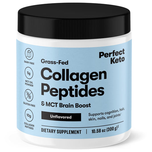 Perfect Keto Collagen Powder bottle showing grass-fed collagen benefits for hair, skin, and joints