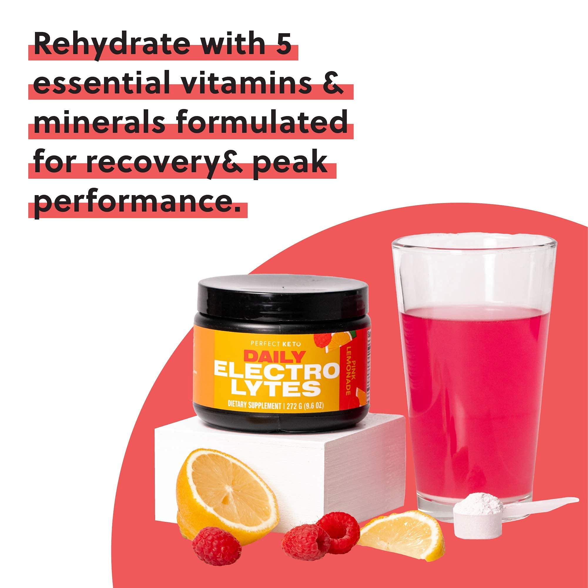 Glass with pink lemonade electrolyte drink ready in minutes
