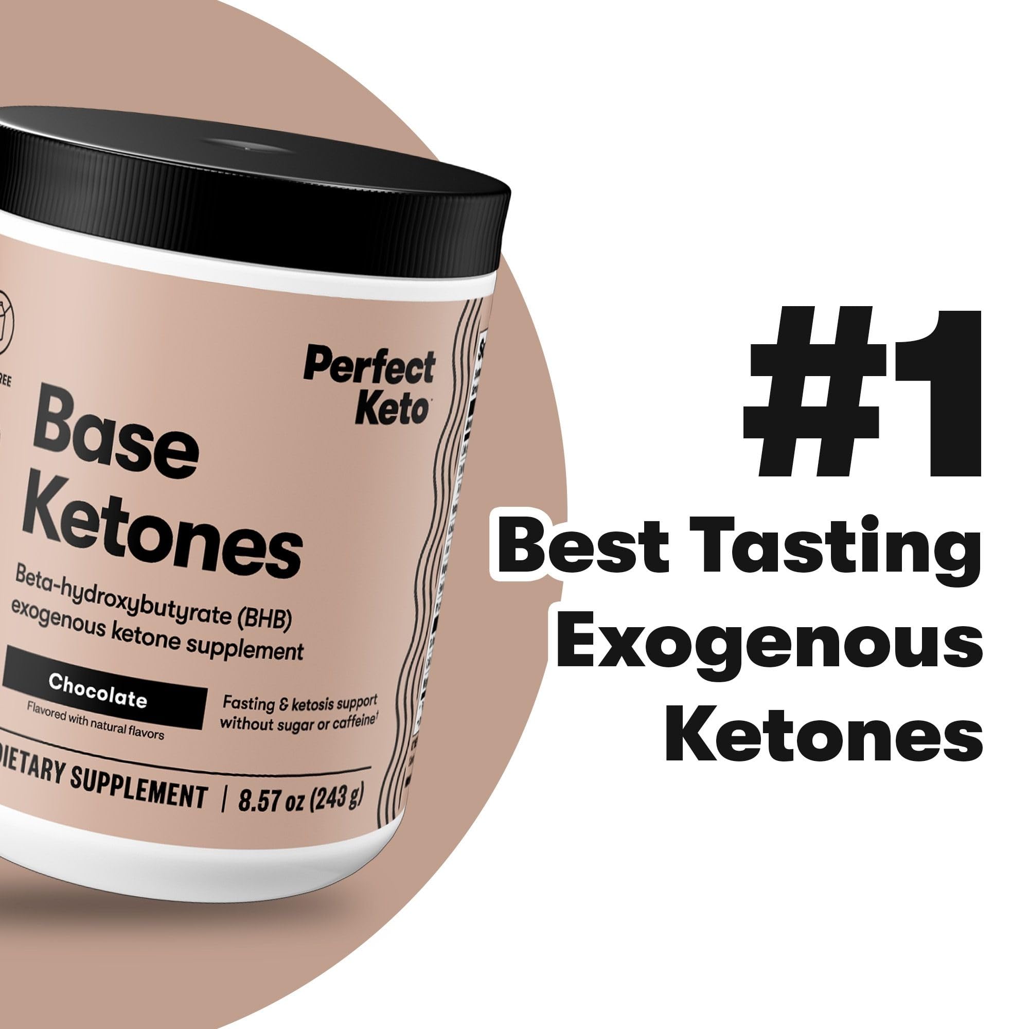 Perfect Keto exogenous ketones powder chocolate glass highlights caffeine-free energy option.