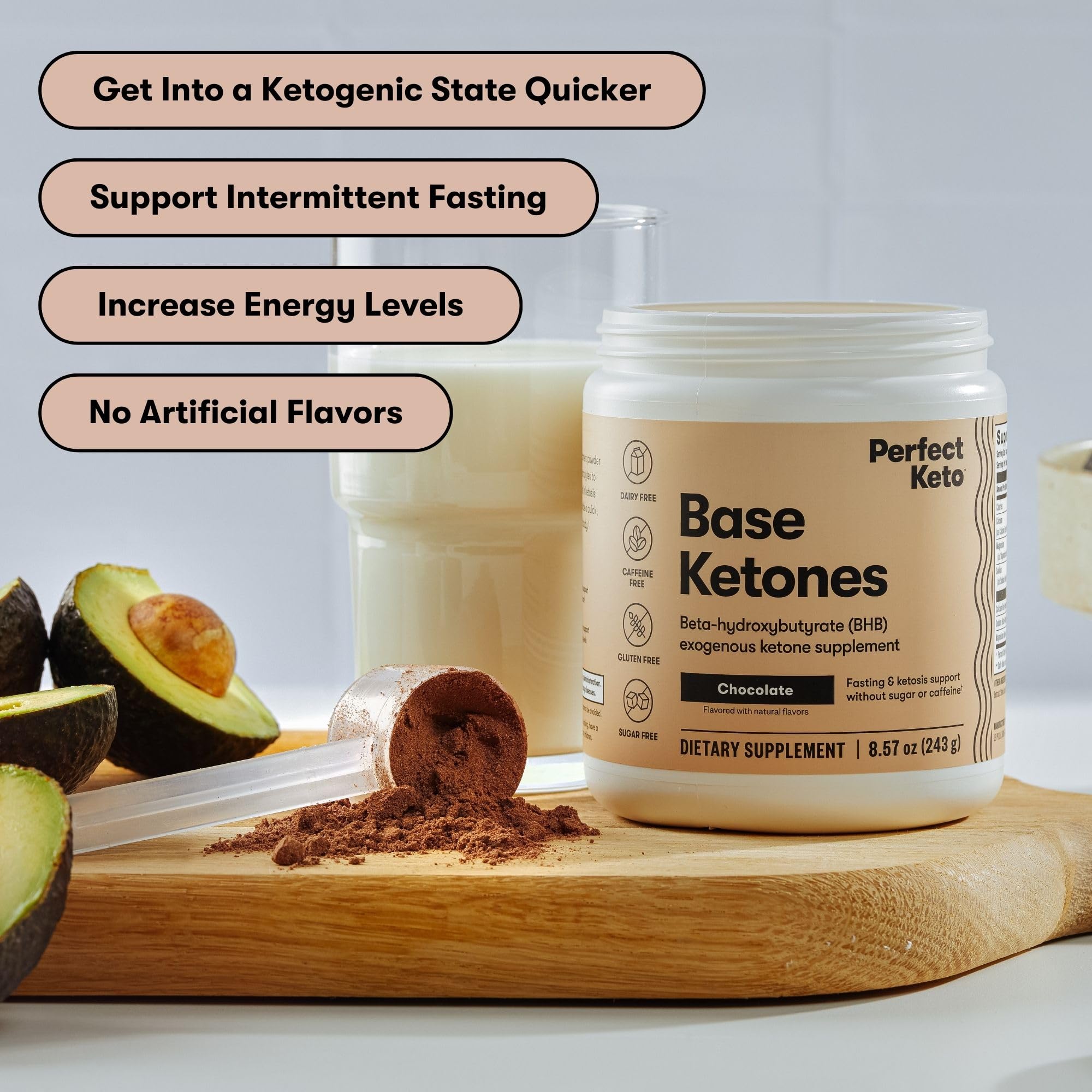 Perfect Keto exogenous ketones powder chocolate label highlights sugar-free formula.