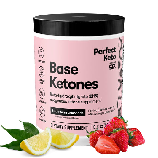 Perfect Keto goBHB strawberry lemonade powder tub highlighting ketosis support and hydration.