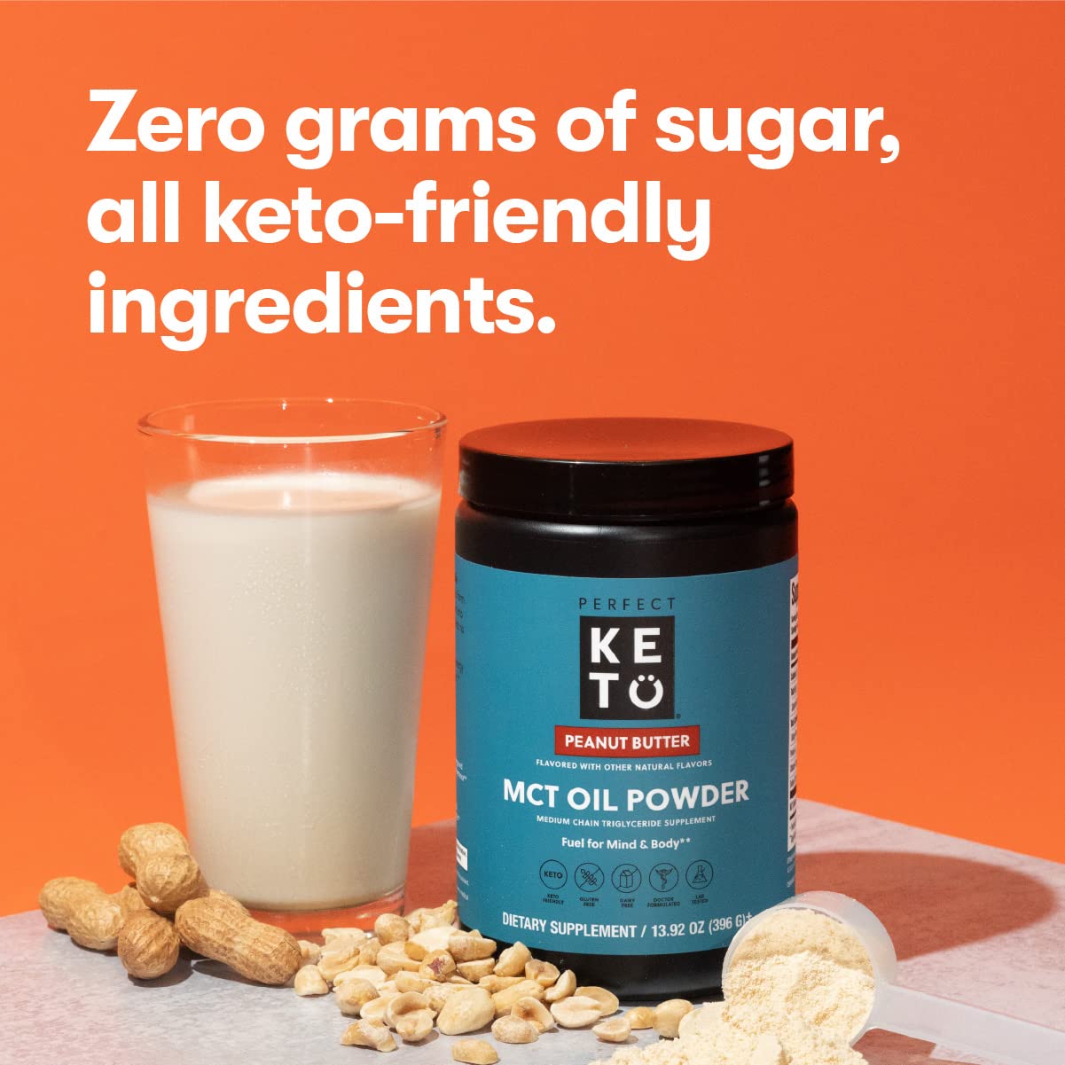Perfect Keto MCT powder scoop-and-jar image emphasizes easy measurement