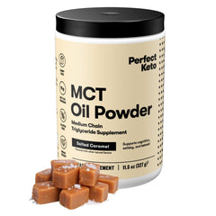 Perfect Keto salted caramel MCT powder bottle, ideal keto coffee creamer.