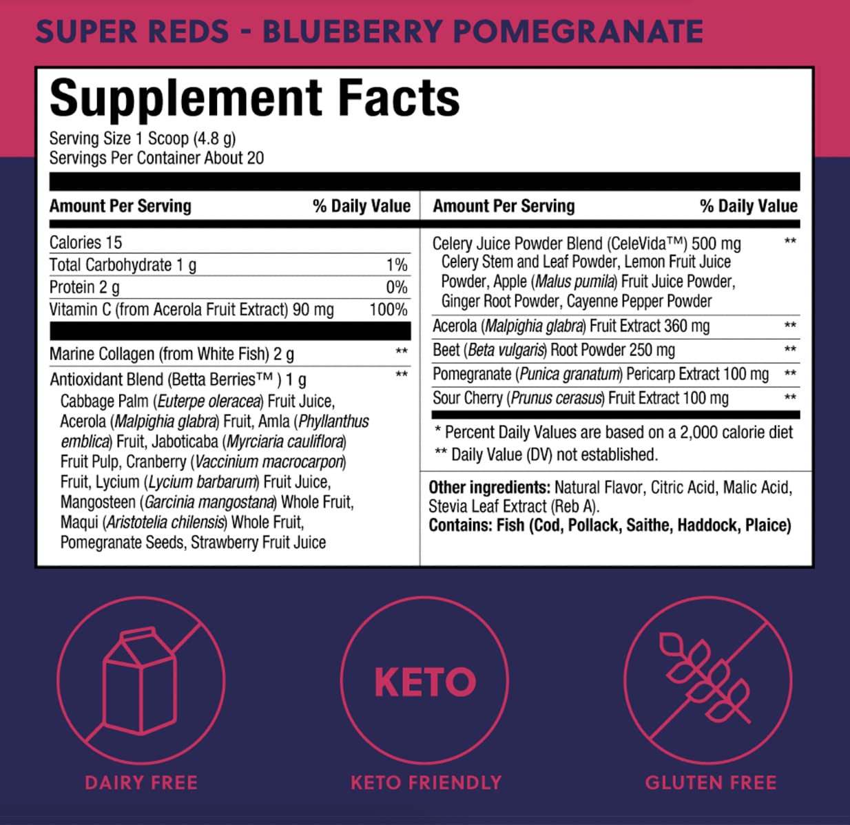 Close-up of Perfect Keto Super Reds fruit powder with berry-rich antioxidants for daily vitality