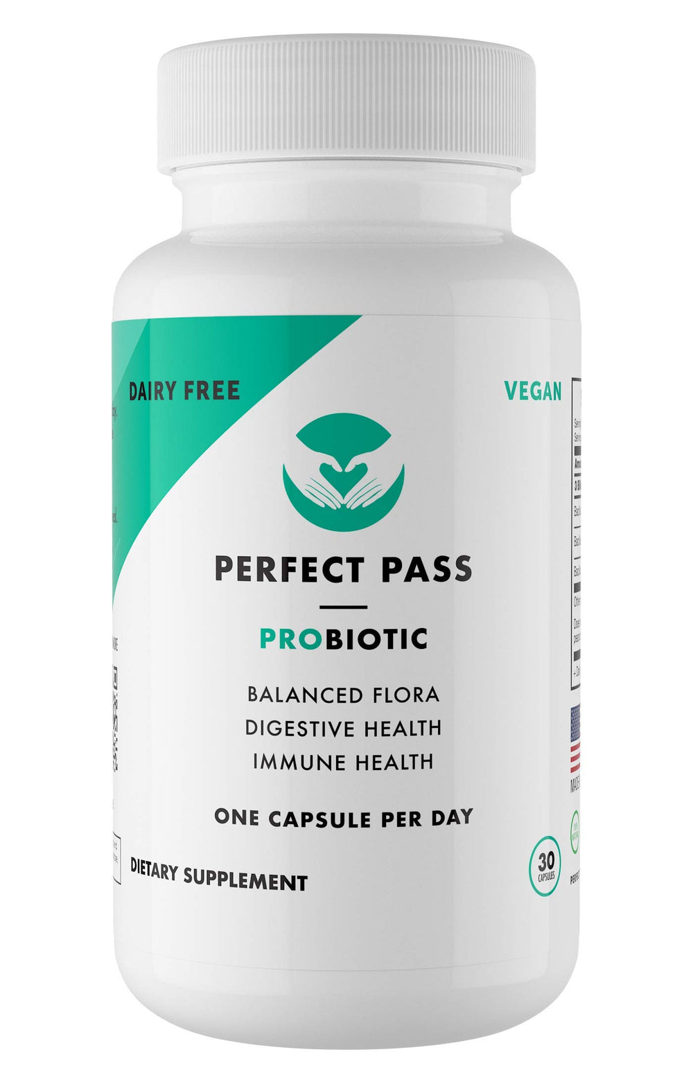 Perfect Pass probiotic bottle supports daily gut balance and comfort.