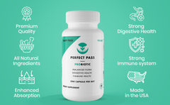 Perfect Pass probiotic packaging visual communicates vegetarian formula and USA-made quality.