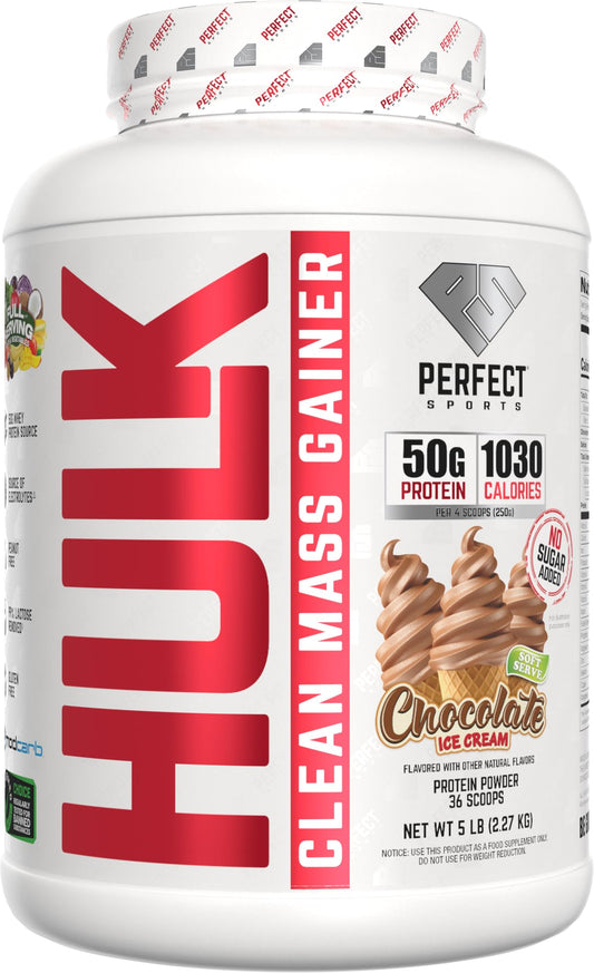 PERFECT SPORTS Clean Mass Gainer chocolate ice cream flavor, protein-packed support for post-workout fueling.