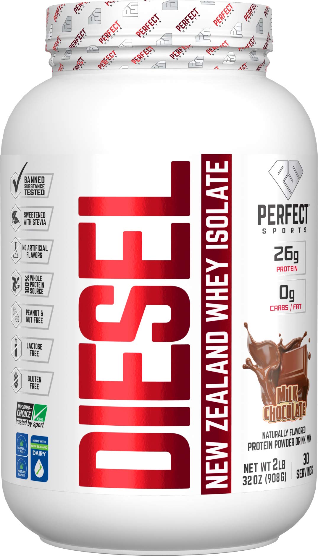 Perfect Sports Diesel whey bottle showing premium New Zealand protein quality for lean goals.