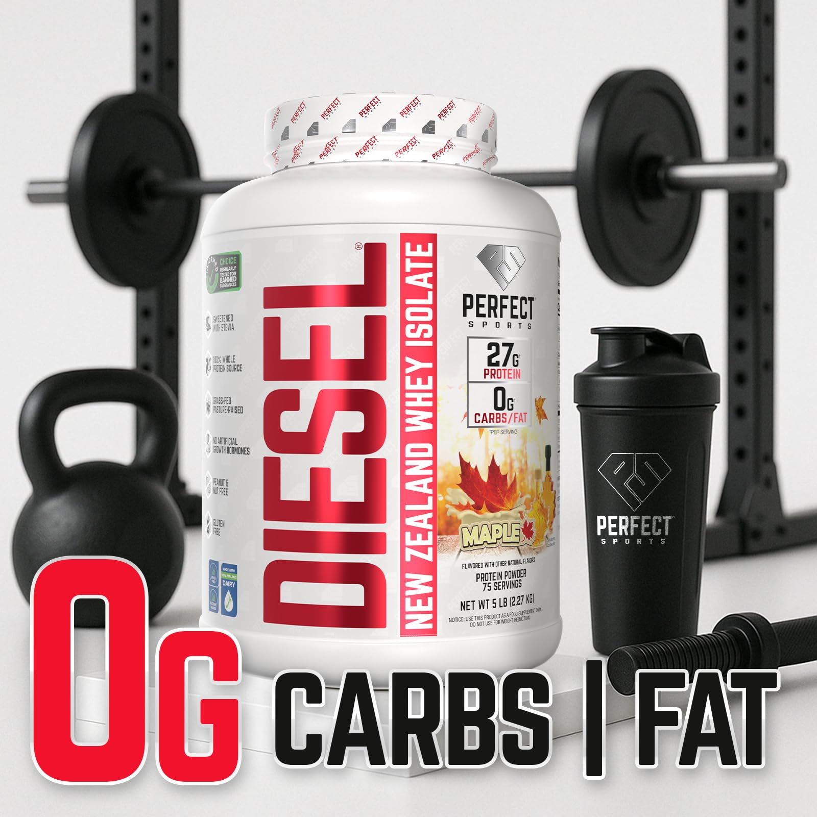 5-pound Diesel tub in gym setting highlights keto-friendly protein option
