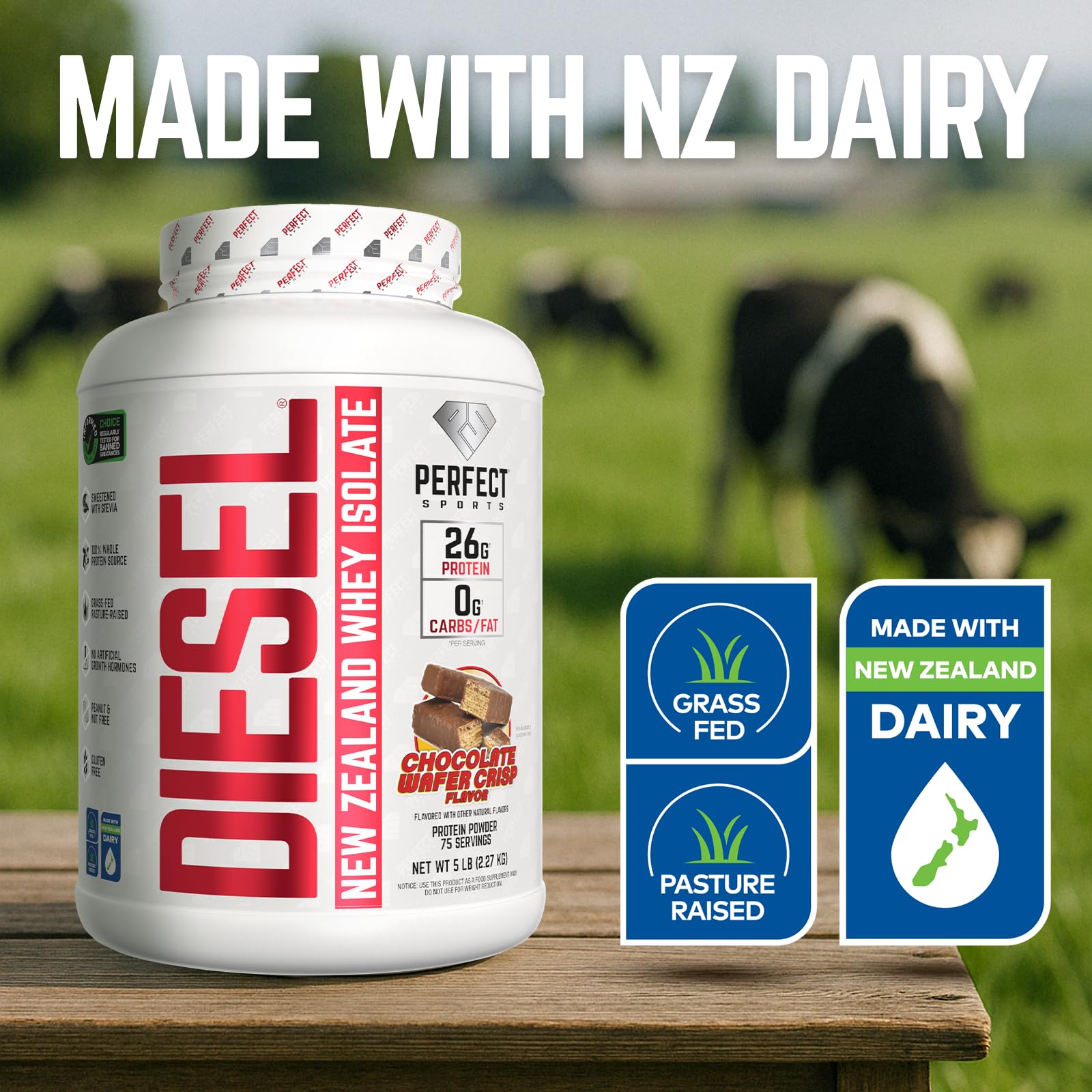 PERFECT SPORTS Diesel whey protein isolate ingredients panel highlights premium NZ dairy.
