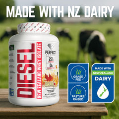 Perfect Sports Diesel label close-up shows 0g carbs and stevia sweetness