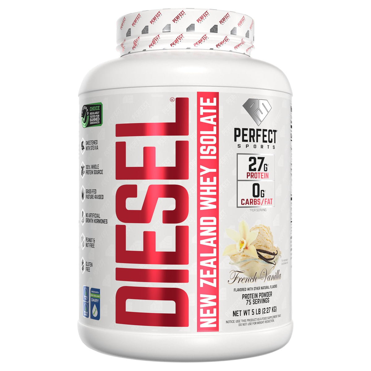 PERFECT SPORTS Diesel whey protein isolate bottle label demonstrates premium postworkout recovery