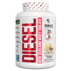 PERFECT SPORTS Diesel whey protein isolate bottle label demonstrates premium postworkout recovery