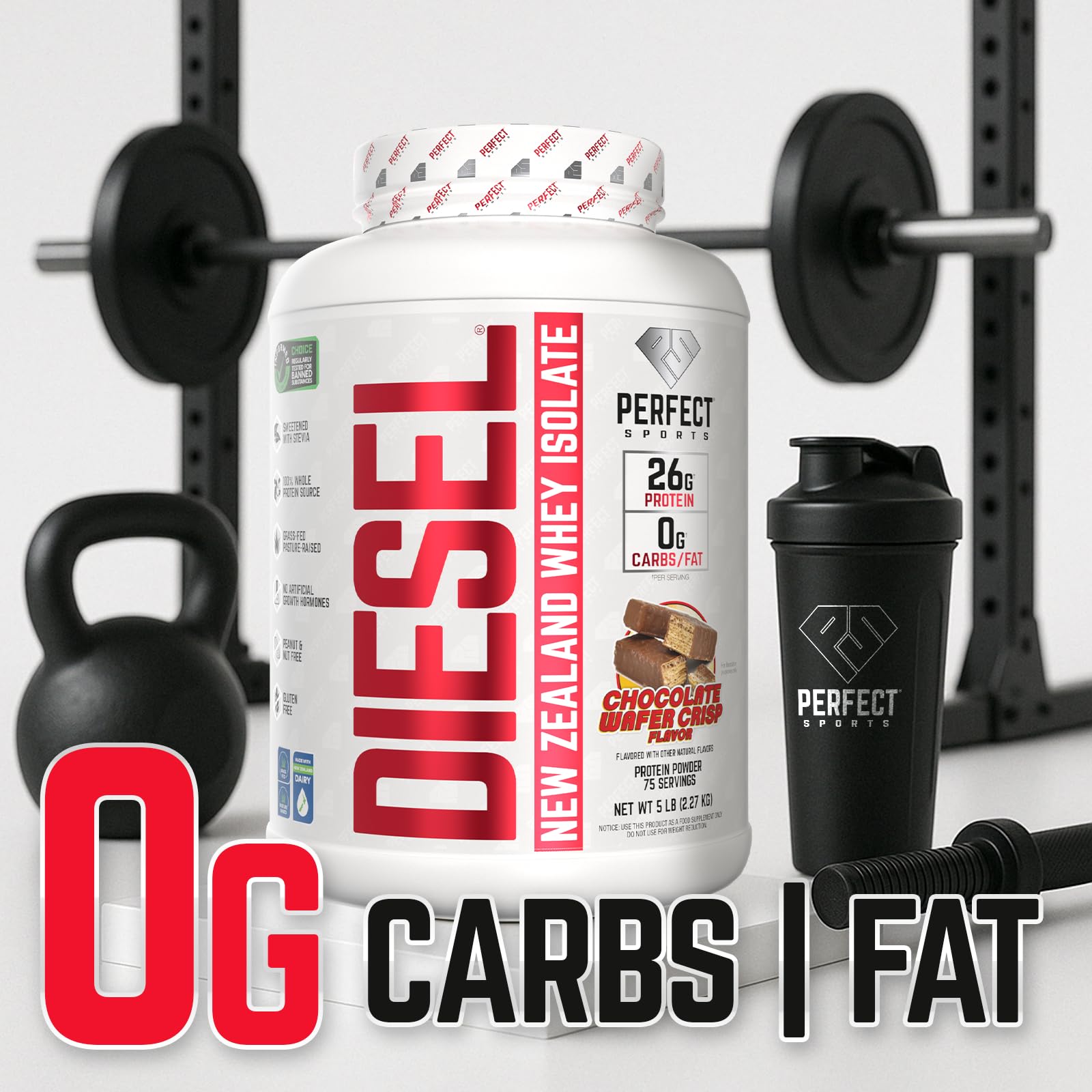 PERFECT SPORTS Diesel whey protein isolate with stevia offers a clean taste.