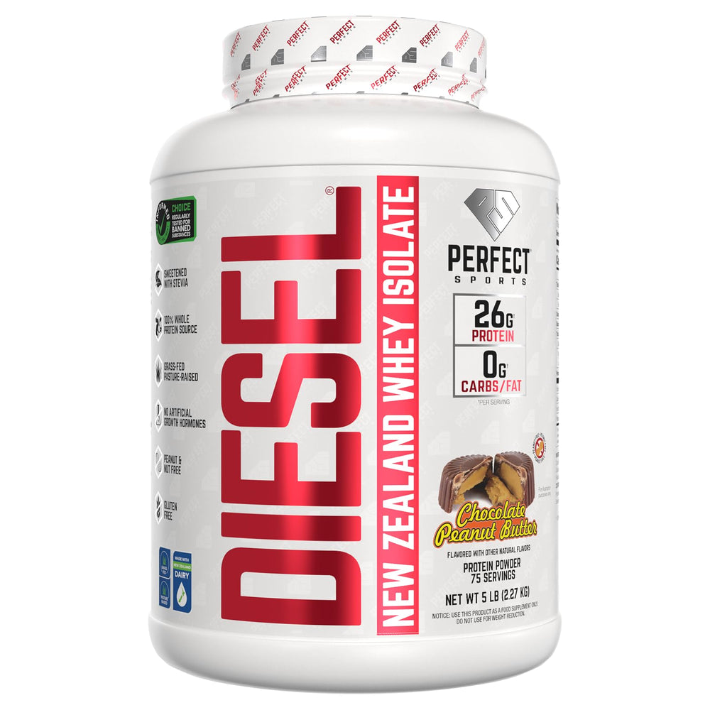 Perfect Sports Diesel tub displays 27g protein per serving for post-workout fueling.