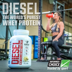Diesel whey shake being poured into a glass with smooth, creamy texture.