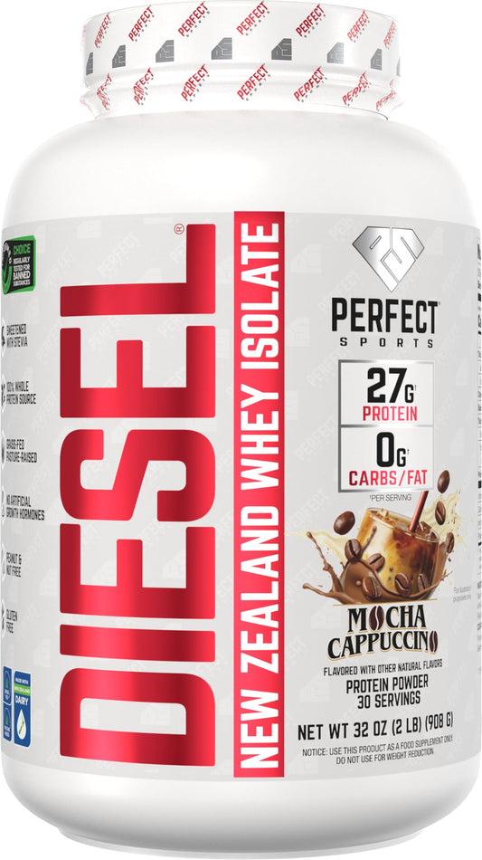 Perfect Sports Diesel NZ whey isolate mocha latte cappuccino bottle, smooth post-workout recovery