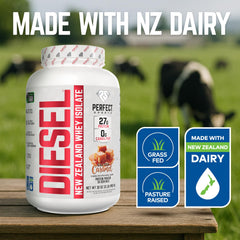 Diesel NZ whey isolate scoop poured into shaker shows smooth mix