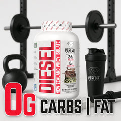 Perfect Sports Diesel Whey Isolate shake in a glass with creamy texture.