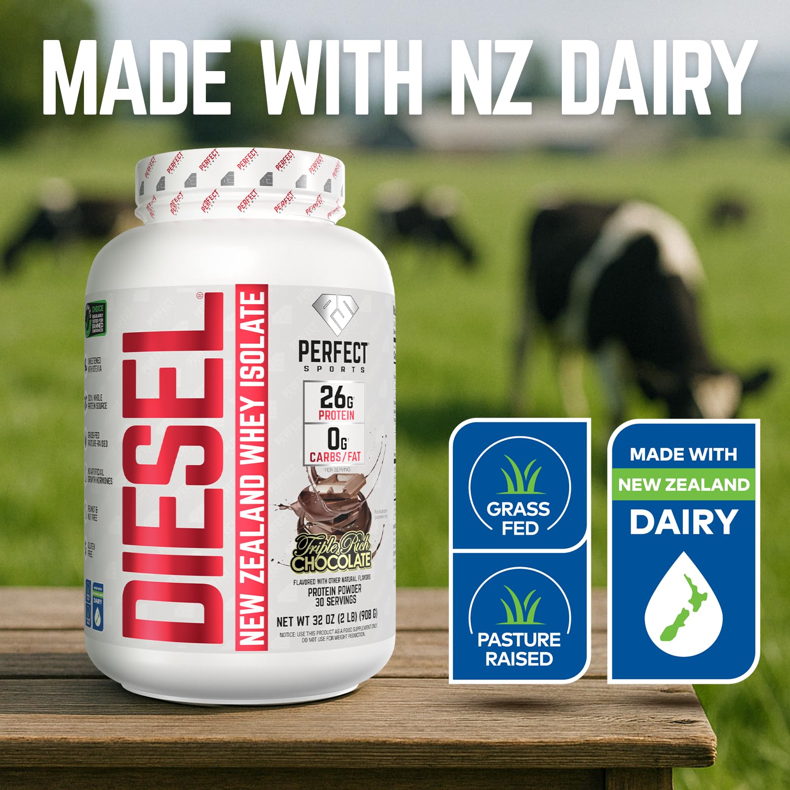 Perfect Sports Diesel Whey Isolate ingredients panel with stevia sweetness.