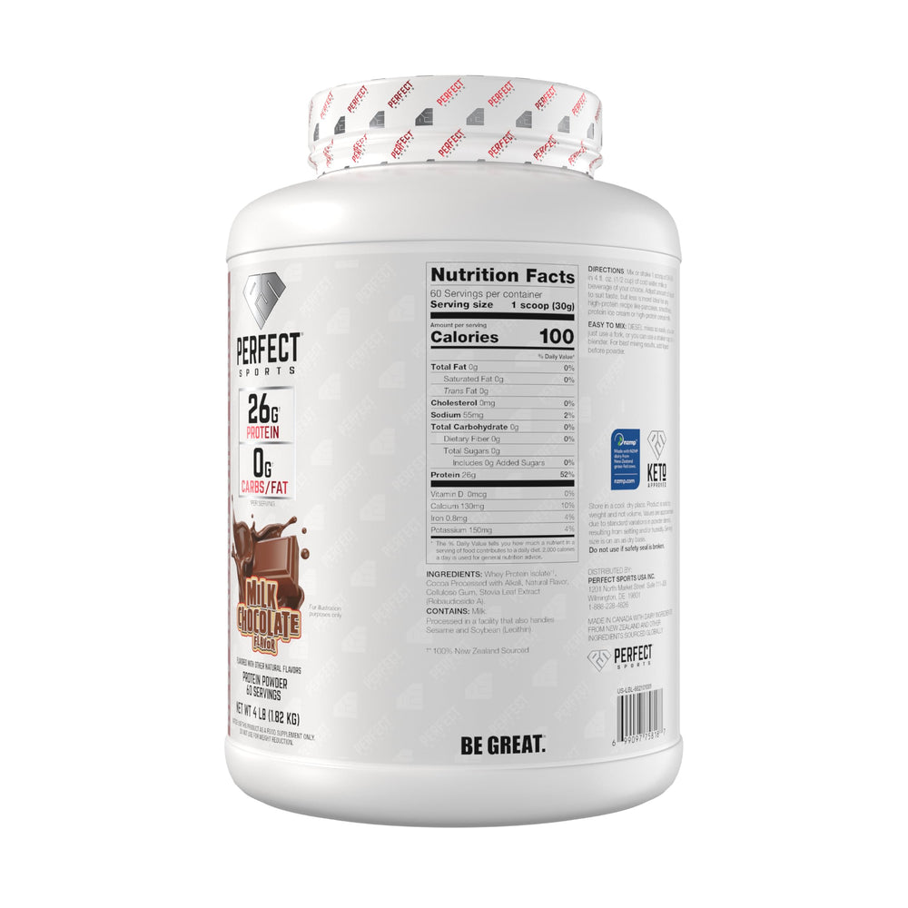 Perfect Sports Diesel whey isolate powder with scoop for keto-friendly protein.