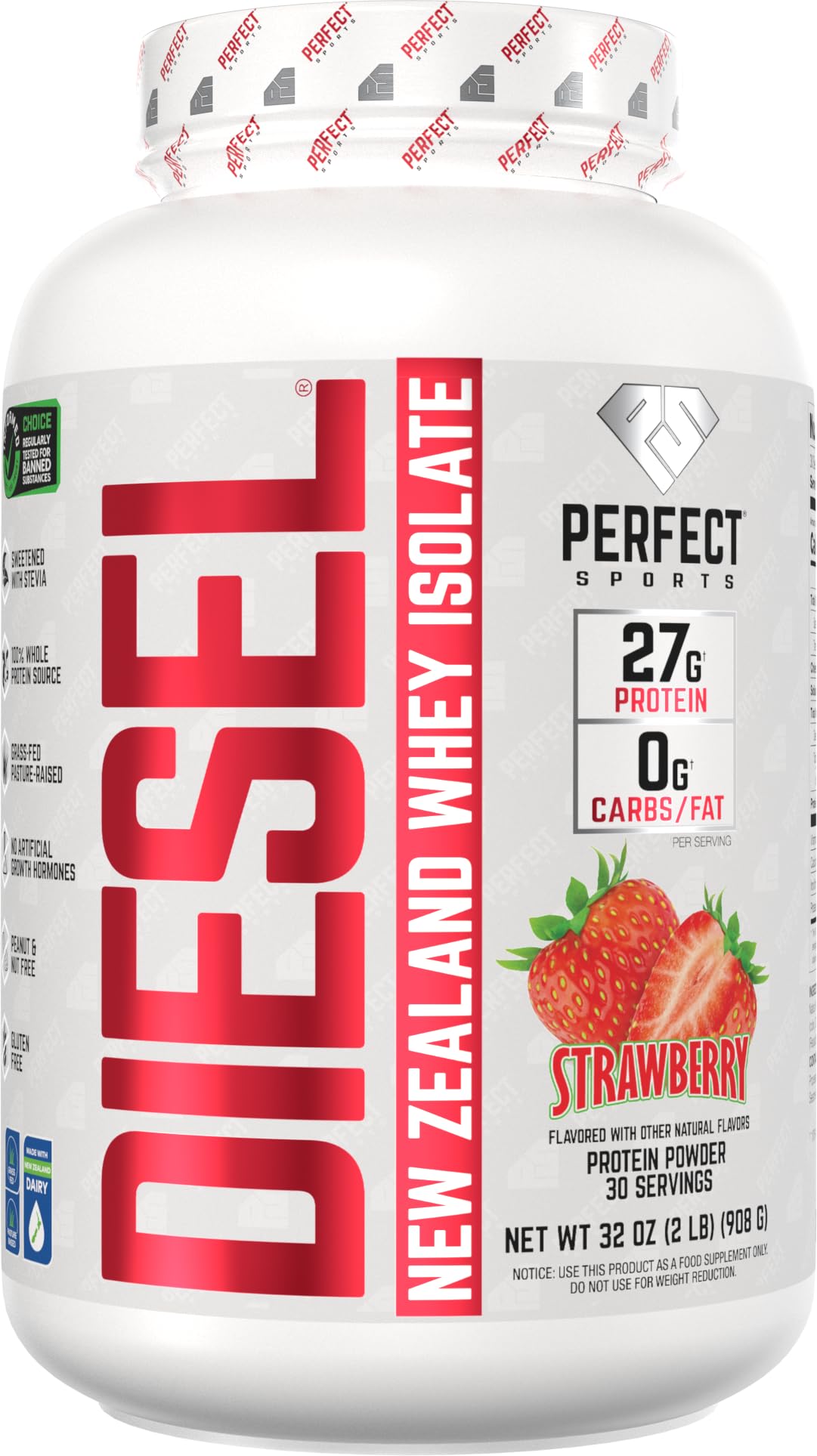 Perfect Sports Diesel Whey Isolate strawberry bottle highlights pure New Zealand whey for post-workout recovery