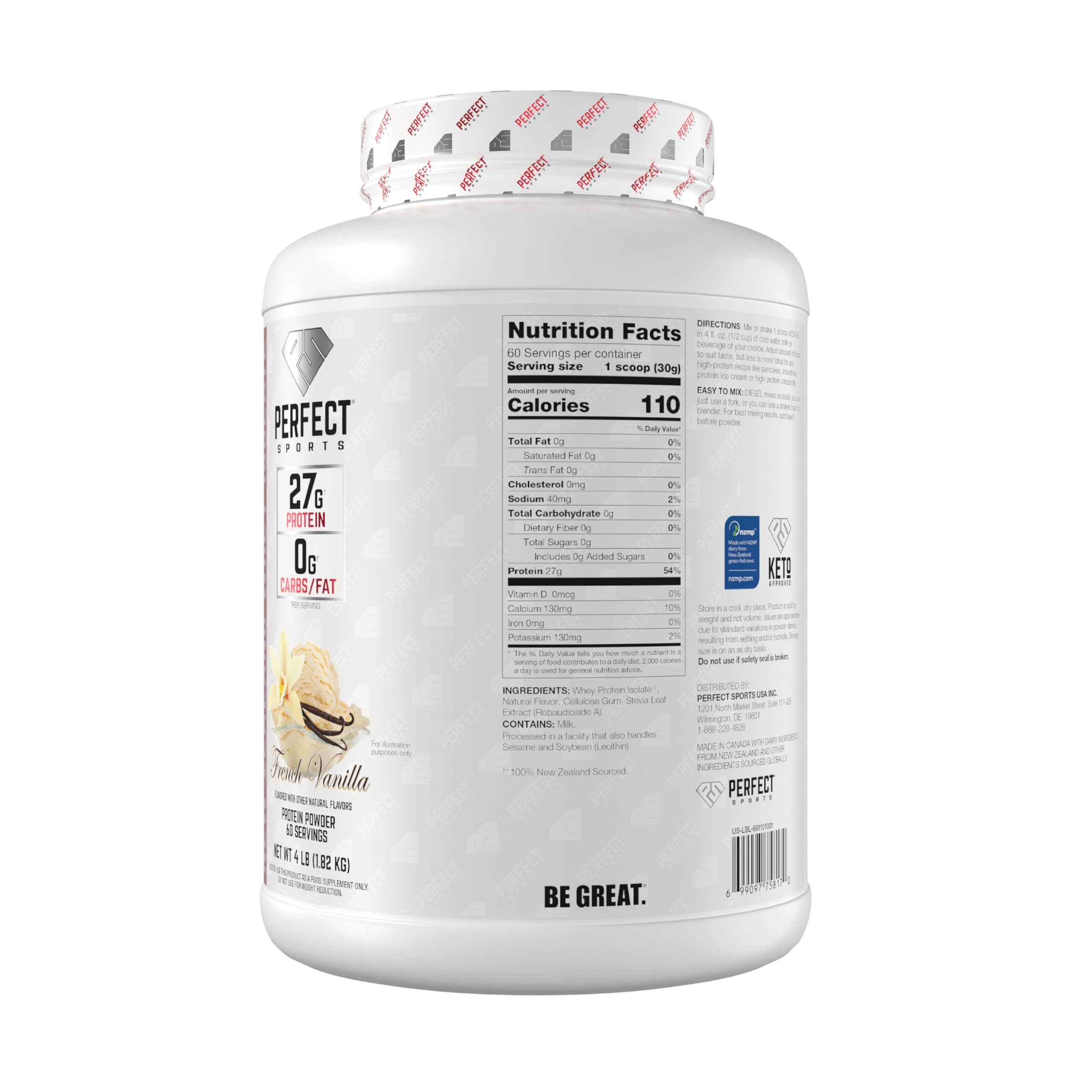 Perfect Sports Diesel whey nutrition label highlights 26g protein per serving.