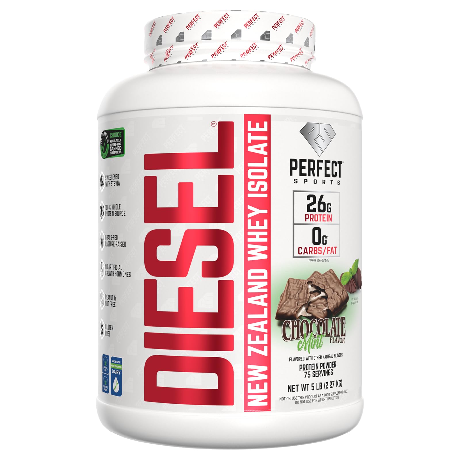 Perfect Sports Diesel Whey Protein bottle showing premium New Zealand whey for post-workout recovery.