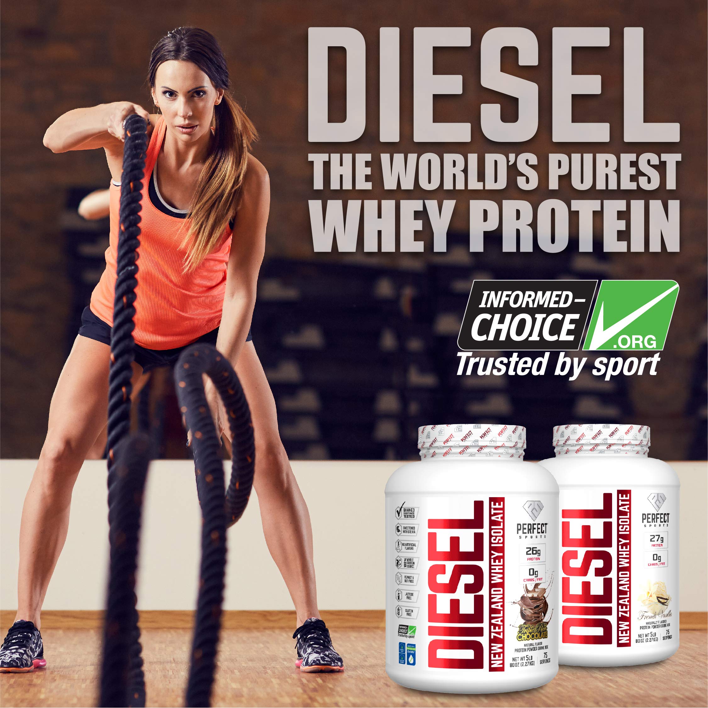 PERFECT SPORTS Diesel whey isolate Cookies 'N Cream serving shows 0g carbs and 0g fat