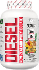 Perfect Sports Diesel tub front showing pineapple mango flavor and high-protein nutrition for workouts