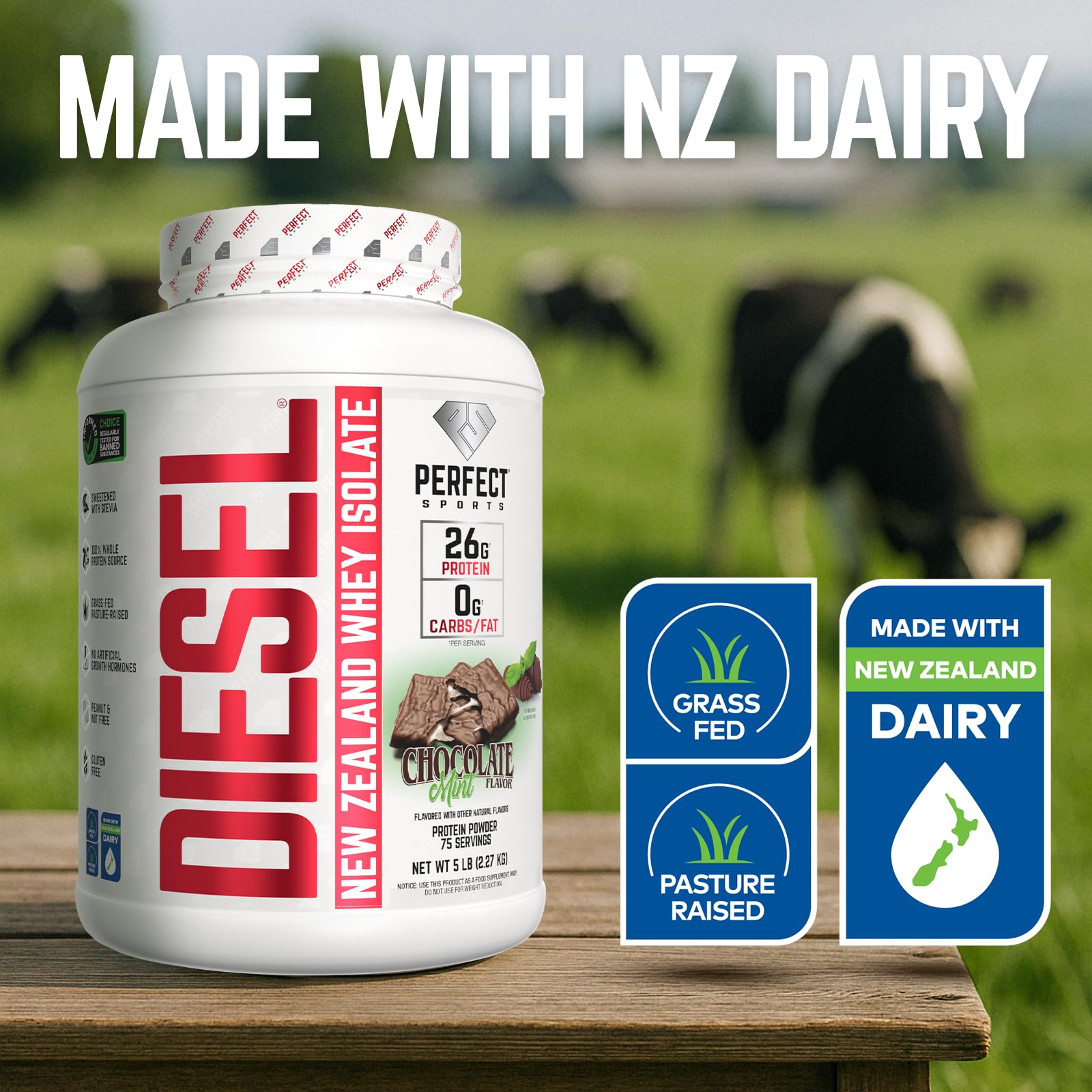 Close-up of Diesel label noting pasture-raised dairy and stevia sweetness.