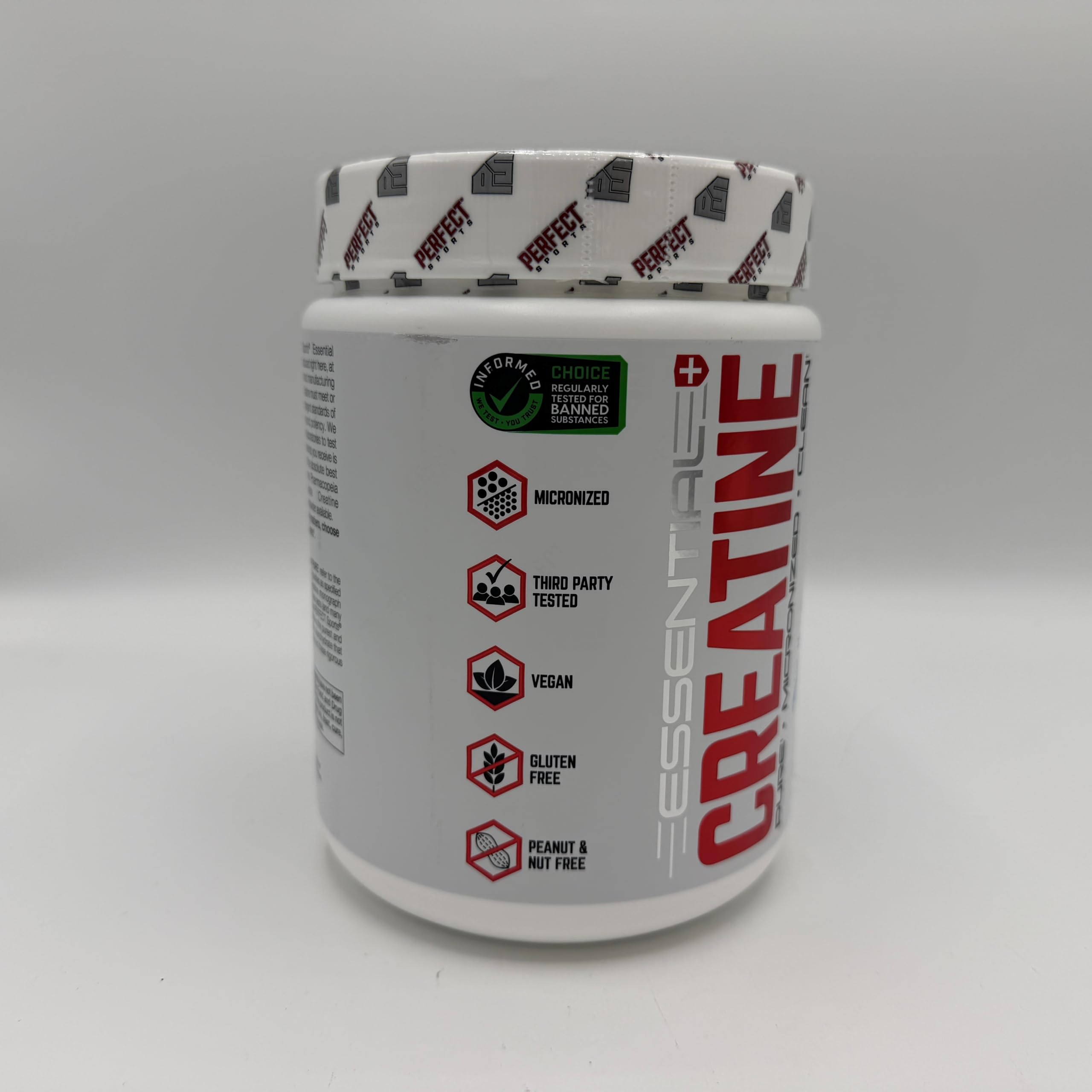 PERFECT SPORTS Essential Creatine ingredient panel points to USP-grade creatine monohydrate.