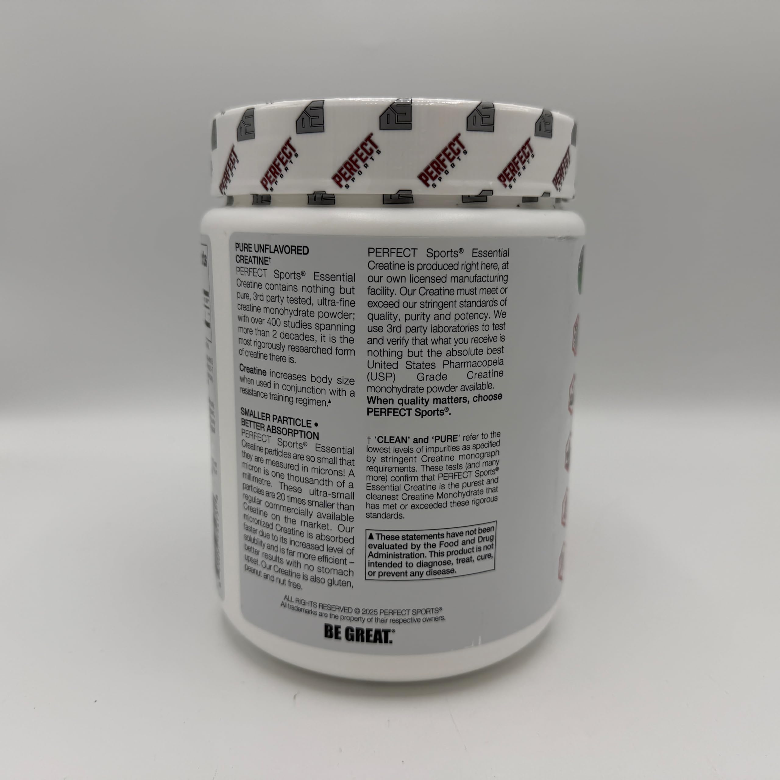 PERFECT SPORTS Essential Creatine label highlights vegan-friendly, gluten-free formulation.