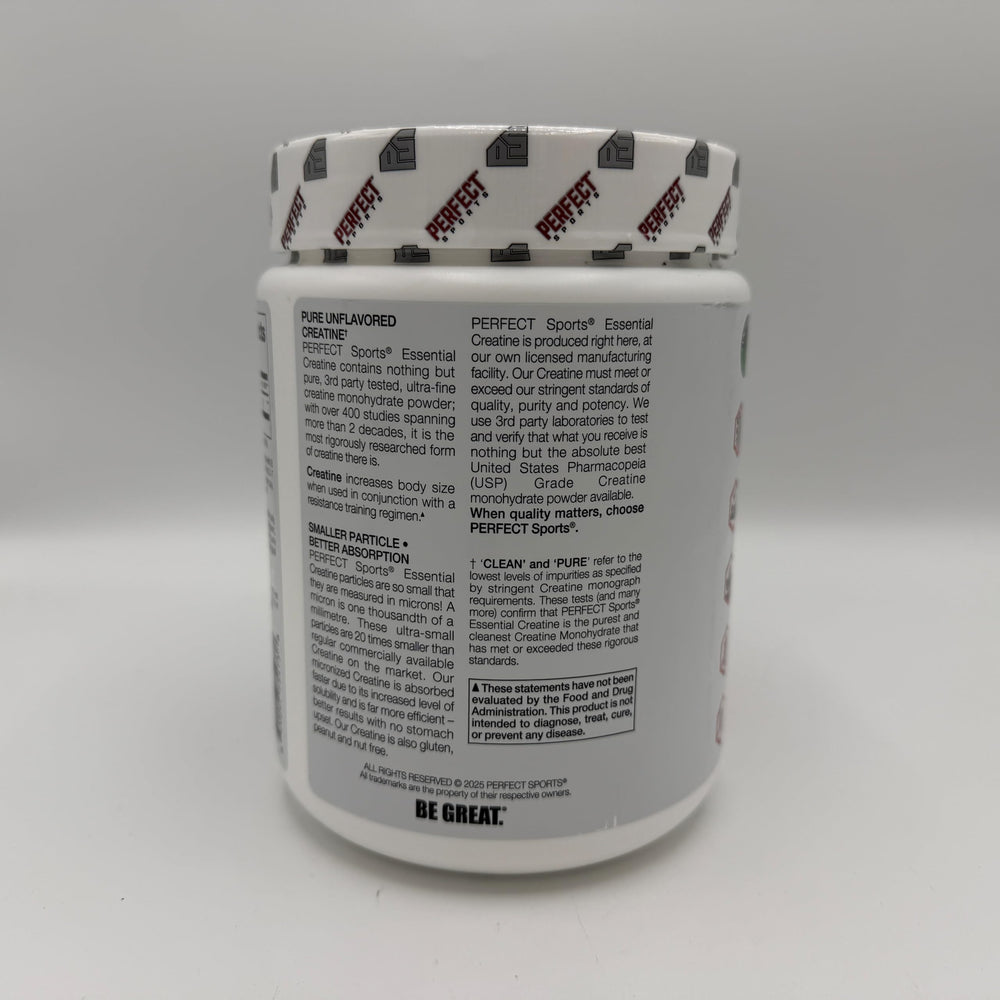 PERFECT SPORTS Essential Creatine label highlights vegan-friendly, gluten-free formulation.