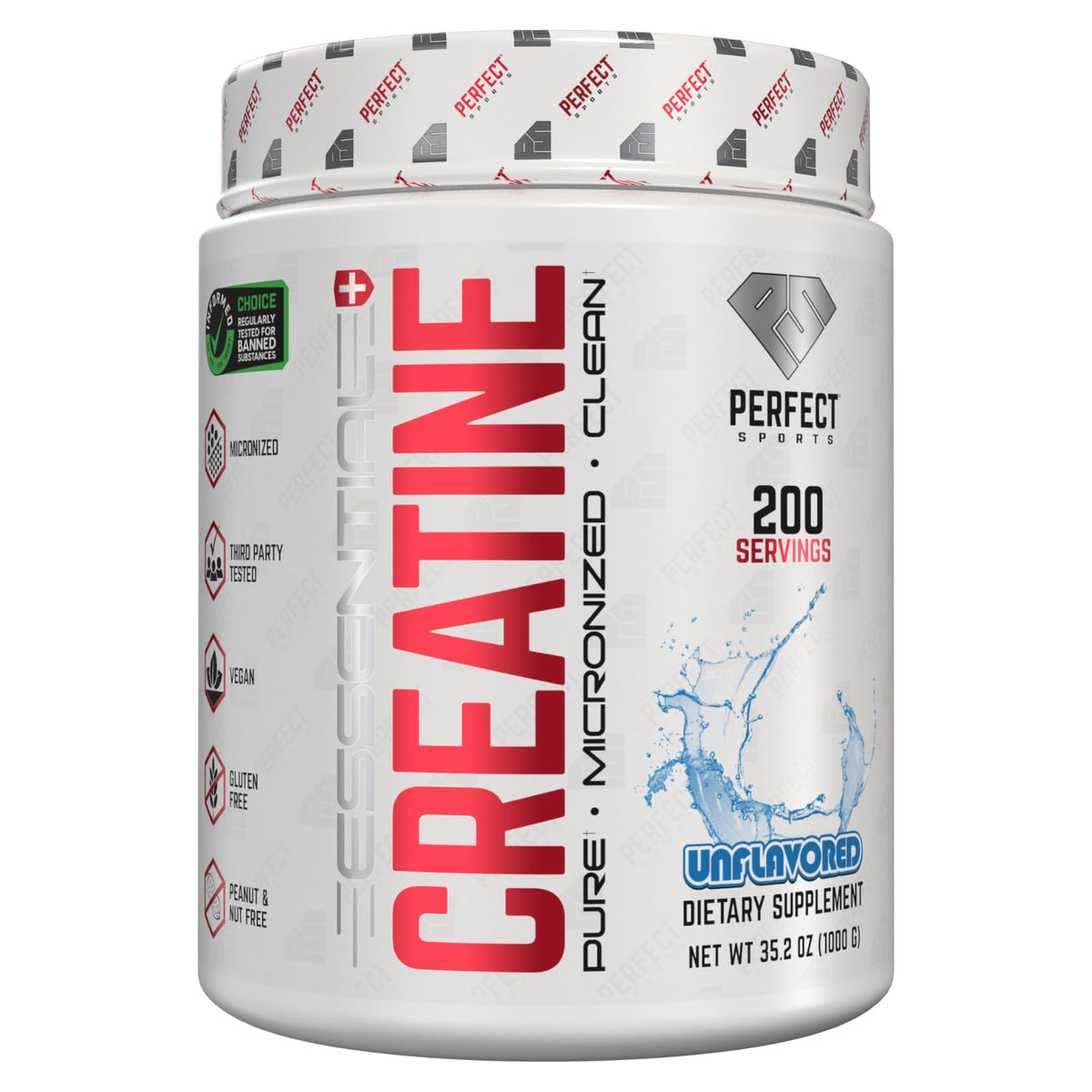 PERFECT SPORTS Essential Creatine unflavored bottle shows pure creatine for clean workouts.