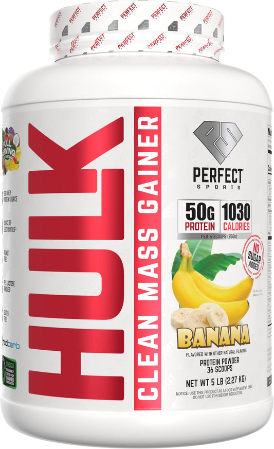 PERFECT SPORTS Hulk Clean Mass Gainer banana 5lb for protein-rich fueling during workouts