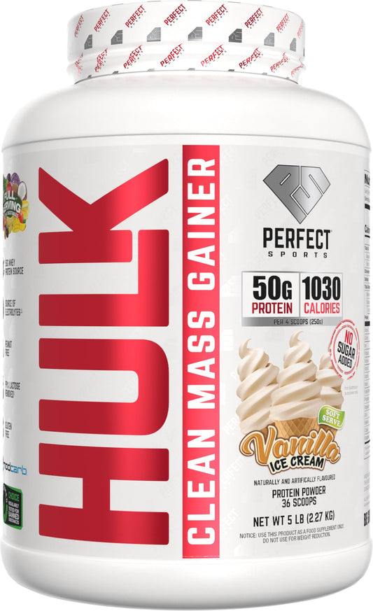 PERFECT SPORTS Hulk Clean Mass Gainer in vanilla ice cream flavor supports muscle growth with a veggie blend