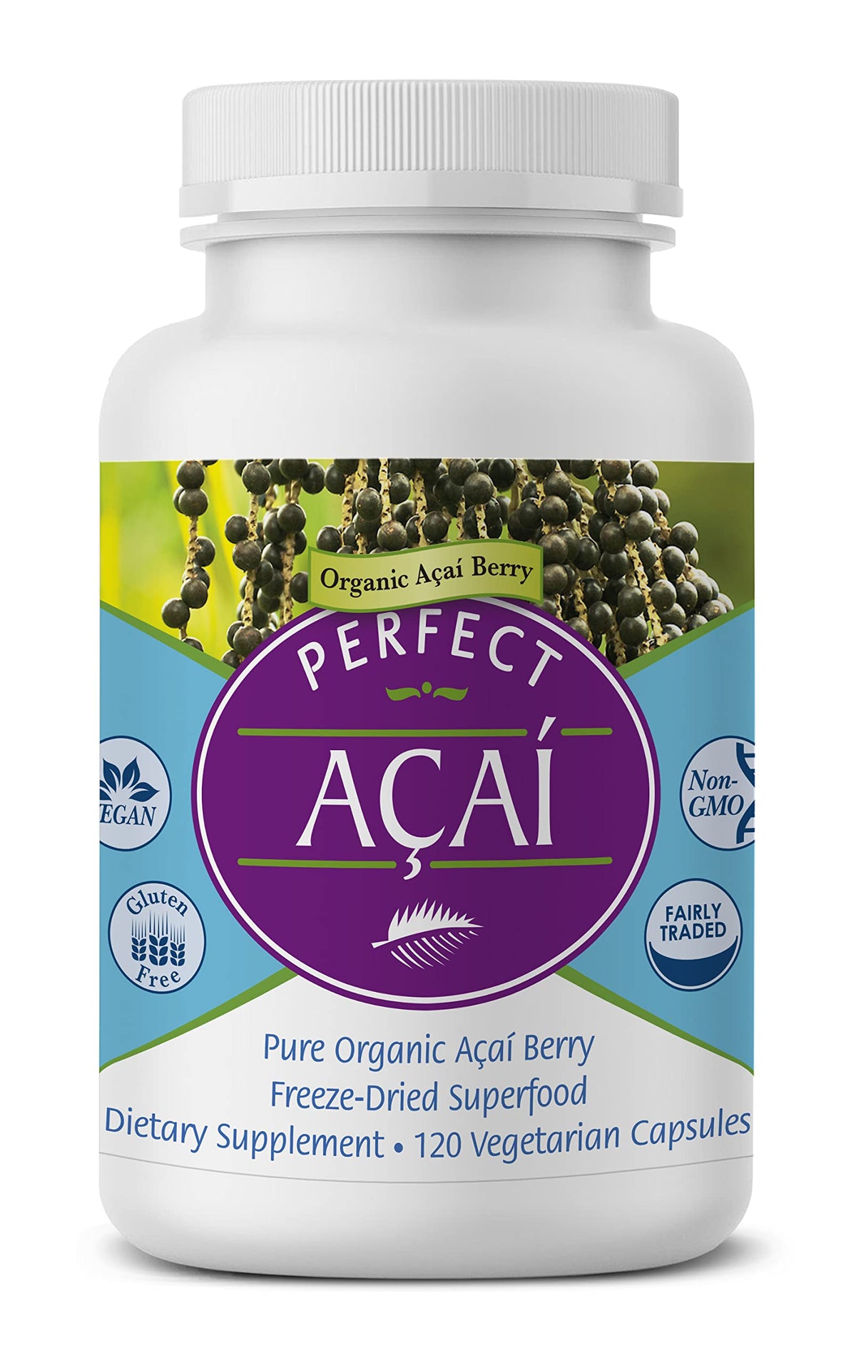 Perfect Supplements Acai bottle front for daily, plant-based capsules