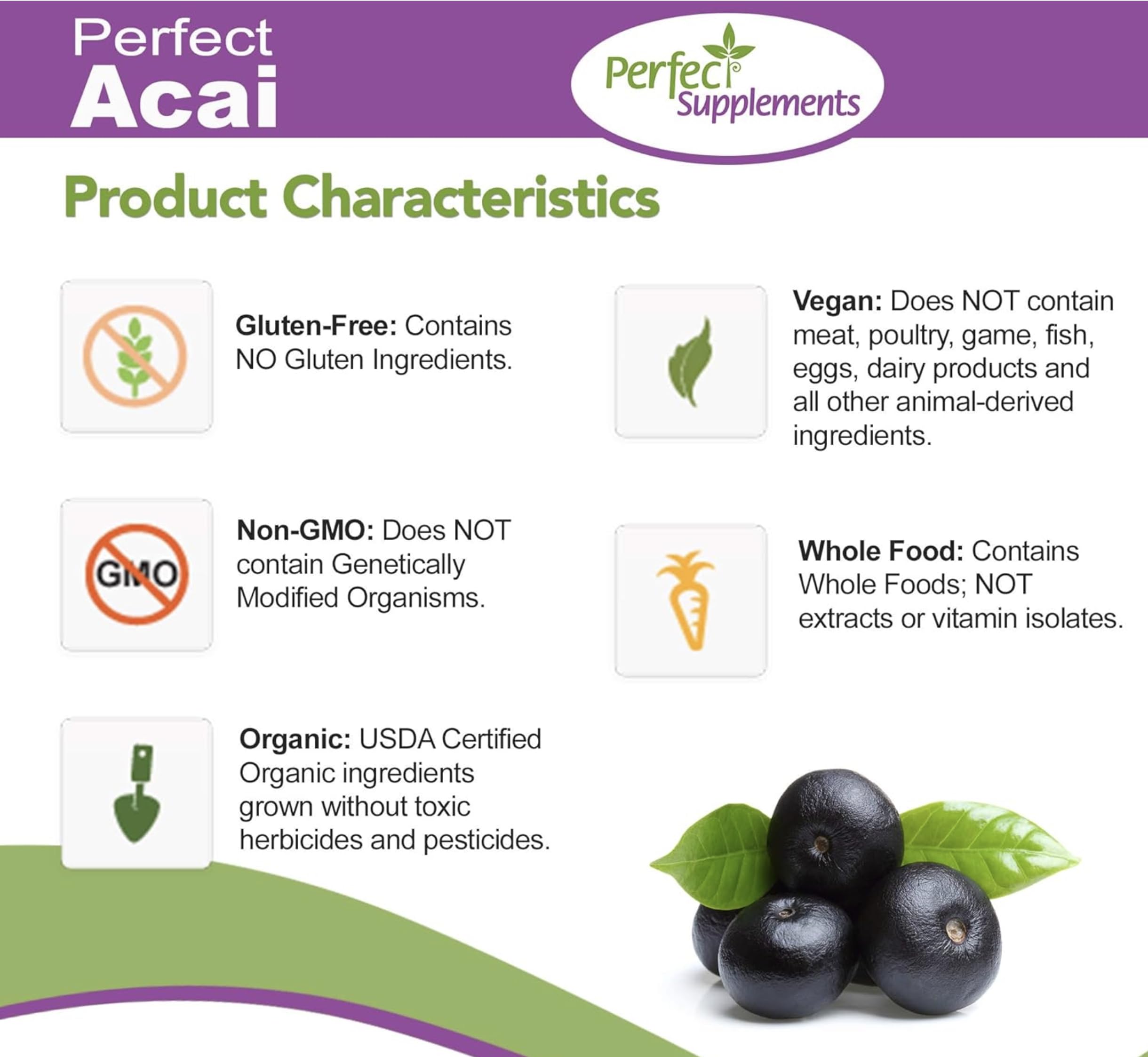 Perfect Supplements Acai label closeup emphasizing organic sourcing