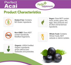Perfect Supplements Acai label closeup emphasizing organic sourcing
