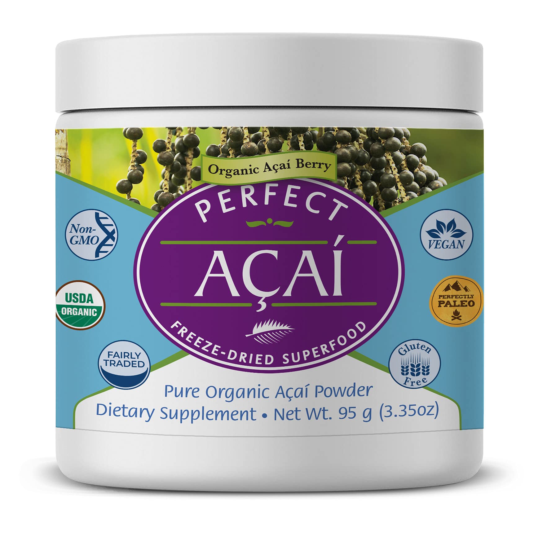 Perfect Supplements Acai Powder bottle front shows pure freeze-dried acai for immune support.
