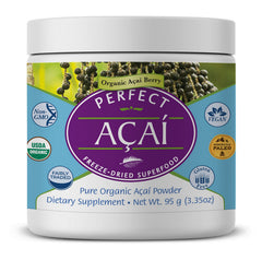 Perfect Supplements Acai Powder bottle front shows pure freeze-dried acai for immune support.